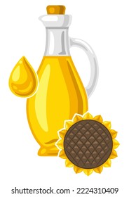 Illustration of glass bottle with sunflower oil. Image for culinary and agriculture.