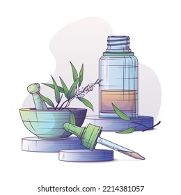 Illustration of glass bottle of tea tree essential oil. Mortar and pestle. Pipette. Vector illustration for cosmetic, perfumery, aromatherapy. Glass bottle with dropper. 