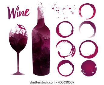 Illustration of glass and bottle wine background with spots. Wine stains set for your designs. Red wine color. Vector