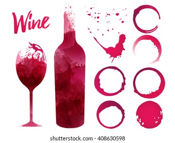 Illustration of glass and bottle wine background with spots. Wine stains set for your designs. Rose wine color. Vector