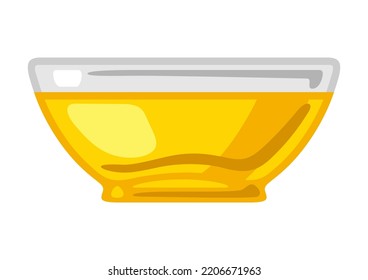 Illustration of glass bowl with sunflower oil. Image for culinary and agriculture.