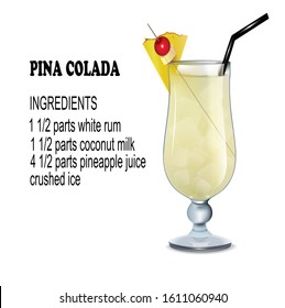 Illustration of a glass of cocktail pina colada with ingredients