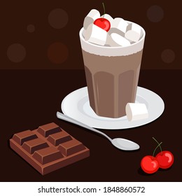 
Ilustración de un vaso de cacao con malvaviscos en un platillo, una cucharadita, una barra de chocolate y una cereza con fondo marrón. Estilo plano. Se puede utilizar en diseño web, impresión, papel tapiz, banner