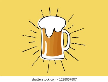 Illustration of glass cup with beer on colored background. Flat Design of Glass Drink