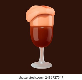 Illustration of a glass of dark beer with a thick layer of foam on a dark brown background. 3D icon isolated.