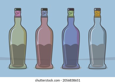 Illustration of a glass drink bottle with different color variants on a blue background