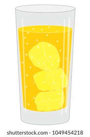 Illustration of a glass with a drink and ice cubes and a fruit slice