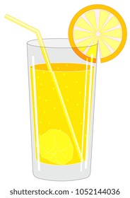 Illustration of a glass with a drink and ice cubes and a fruit and slice cocktail tube