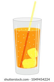 Illustration of a glass with a drink with tube and ice cubes and a fruit slice