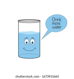 ilustración de un vaso con cara, chats burbuja con motivación beber más agua. Ilustración vectorial de material aislada en fondo blanco.