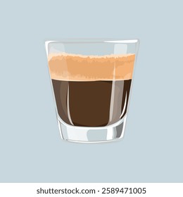 Illustration of a glass filled with dark espresso, topped with a creamy froth. Espresso glass, creamy froth, dark espresso. Simple and elegant design. Drink illustration vector.