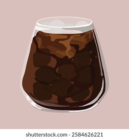 Illustration of a glass filled with iced coffee. The iced coffee has a rich, dark color. Ice cubes float in the iced coffee, creating a refreshing look. Aesthetic vector illustration.