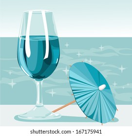 Illustration with a glass of fresh blue water, decorative cocktail umbrella and shining ocean on background. Vector elements are layered and grouped. 