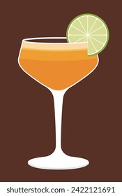 Illustration of glass glasses with cocktails, juices and drinks decorated with fruit lime.