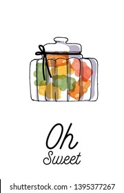 Illustration of glass jar with candy gummy bear. Watercolor and sketch vector illustration.