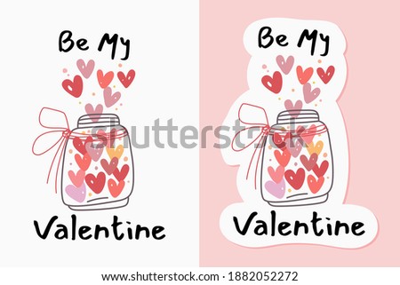 Illustration of a glass jar containing heart shapes, surrounded by floating hearts, and the words "Be My Valentine." Perfect for Valentine's Day and romantic-themed designs in a warm blush color
