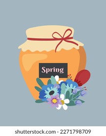  Illustration Glass Jar of Honey and Flowers