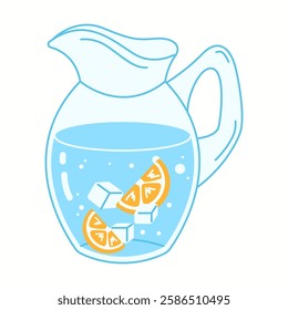 Illustration of a glass jug filled with cold water, floating orange slices, and ice cubes, symbolizing hydration and vitamin-rich drinks.