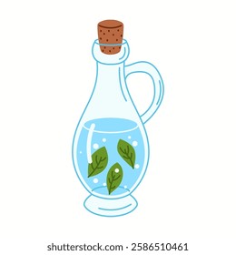 Illustration of a glass jug filled with fresh water and green leaves, emphasizing herbal infusion and natural hydration benefits.