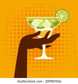 Illustration with glass of margarita and hand.