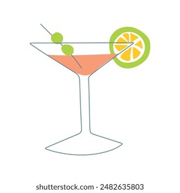 Illustration with glass of Martini in Flat design style. Outline Vacation and Bar drink with Olives and Citrus Slime. Color Vector Graphic Art isolated on White background. Cartoon Alcohol beverage.