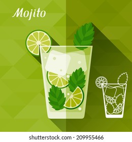 Illustration with glass of mojito in flat design style.