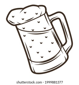 Illustration of glass mug with beer. Object in engraving hand drawn style. Old element for beer festival or Oktoberfest.