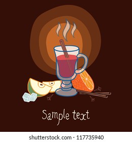 Illustration with a glass of mulled wine, cinnamon sticks, snowflakes, honey and fruit