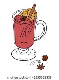 Illustration of glass of mulled wine with cinnamon stick, dried orange slice, and star anise, surrounded by festive spices. Vector contour drawing isolated on white background