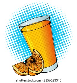 Illustration with glass of orange juice. Healthy drink. Vector bright colored print in Pop Art style. Retro cartoon comic style. Design for stickers, poster