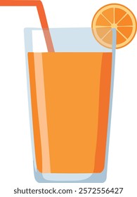 Illustration of a glass of orange juice with a straw and an orange slice on the rim