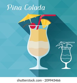 Illustration with glass of pina colada in flat design style.