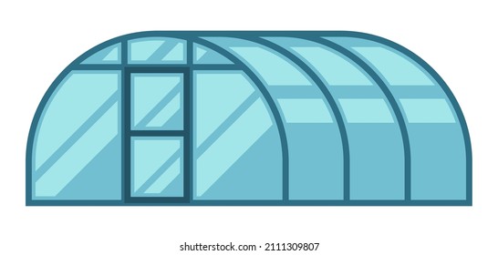 Illustration of glass or plastic greenhouse. Gardening equipment and building.