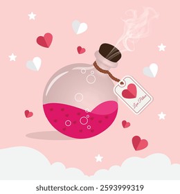 Illustration of a glass potion bottle filled with a vibrant pink liquid adorned with tiny heart patterns.The bottle is sealed with a cork,emitting a soft,dreamy mist,and has a tag labeled Love Potion.