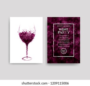 Illustration of glass with red wine stains. Background spots of wine drops. Templates for wine lists, flyer, promotions, invitations. Vector illustration