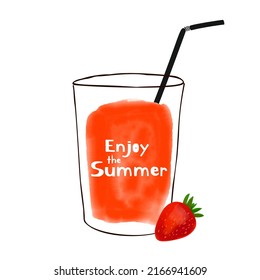 Illustration glass of strawberry cocktail with text Enjoy summer