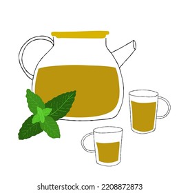 Illustration of a glass teapot and cups with herbal mint tea on a white background