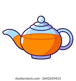 Ilustração de um bule de chá de vidro cheio de chá laranja brilhante em um estilo de desenho animado.