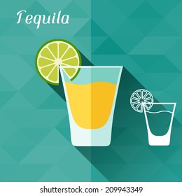 Illustration with glass of tequila in flat design style.