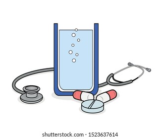 Illustration of a glass of water, some pills and stethoscope (a medical instrument). Vector illustration flat icon isolated on white.