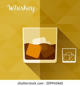 Illustration with glass of whiskey in flat design style.