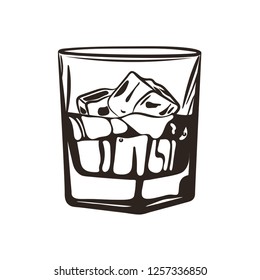 Illustration of a glass of whiskey with ice cubes. Hand drawn illustration of cocktail. 