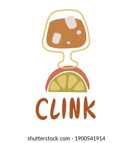 Illustration with a glass of whiskey on the rocks and a slice of lemon and the inscription. Whiskey day vector concept illustration. Vector illustration for international whiskey day in March