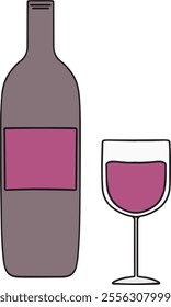 illustration of glass of wine and bottle of wine, showing beverage menu