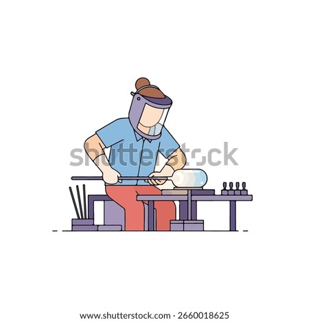 Illustration glassblowing artisan working studio environment showcasing heat shaping molten glass artistry craftsmanship skilled manual labor techniques innovative production creating