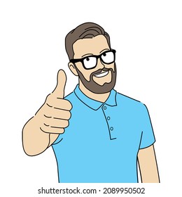 Illustration of a glasses and bearded man showing thumb up with blue polo shirt. Flat design, hand drawn, cartoon character, monoline vector.