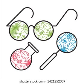 Illustration of glasses, hand lens and beaker with leaves. Colorful lab equipment for children in science class. Biology research icons 