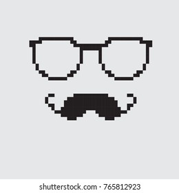 Illustration of glasses with a mustache, in pixels. Vector illustration.