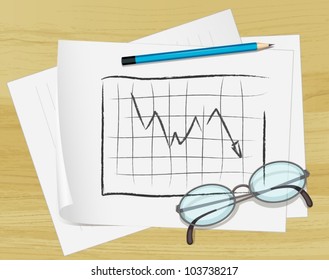 Illustration von Brillen, Bleistiften und Noten auf Papier