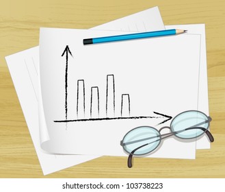 Ilustración de gafas, lápiz y notas en papel